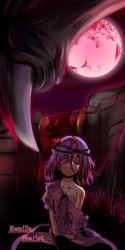 Rule 34 | 1girl, bandages, bandage over one eye, bare shoulders, blue hair, female focus, full moon, mito (calcomer), moon, night, off shoulder, red eyes, red moon, remilia scarlet, ruins, short hair, sitting, solo, tears, touhou, wings