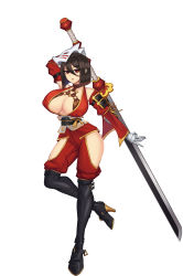 Rule 34 | 1girl, absurdres, bob cut, breasts, cleavage, clothing cutout, detached sleeves, fox mask, hair between eyes, highres, hiroshi (beolcoyote), holding, holding sword, holding weapon, huge weapon, japanese clothes, kunoichi kaen, large breasts, last origin, leg cutout, mask, unworn mask, medium hair, ninja, ootachi, red sleeves, revealing clothes, solo, sword, weapon