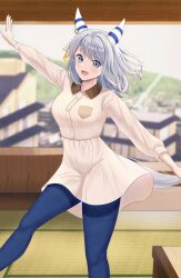 Rule 34 | 1girl, alternate costume, animal ears, blue eyes, blue pants, blurry, blurry background, breast pocket, breasts, cityscape, collared shirt, ear covers, grey hair, highres, hishi miracle (umamusume), horse ears, horse girl, horse tail, large breasts, mountain, pants, pocket, ribbon, shia0016, shirt, skirt, smile, solo, tail, tatami, tight clothes, tight pants, umamusume, white shirt, white skirt, window, yellow ribbon