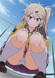 Rule 34 | 1girl, :3, absurdres, aqua eyes, aqua nails, blush, cardigan, fang, from below, hands on own knees, highres, jewelry, kasukabe tsumugi, kneehighs, light brown hair, loafers, looking at viewer, loose necktie, messy hair, mole, mole under eye, necklace, necktie, panties, pantyshot, shoes, side ponytail, single off shoulder, skin fang, socks, solo, squatting, thighs, underwear, upskirt, usazirou539, voicevox, white panties, yellow cardigan, yellow necktie