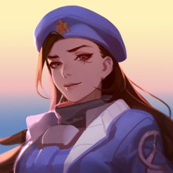 Rule 34 | 1girl, aged down, ana (overwatch), armor, ask (askzy), beret, black hair, blue jacket, bodysuit, brown eyes, captain amari, cropped, dark-skinned female, dark skin, emblem, facial mark, facial tattoo, hat, jacket, lips, lipstick, long hair, looking at viewer, makeup, military, military uniform, official alternate costume, overwatch, overwatch 1, parted lips, power armor, power suit, smile, solo, tattoo, turtleneck, uniform, upper body