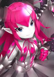 Rule 34 | 1girl, black background, blue eyes, clenched hand, closed mouth, cyborg, dragon girl, dragon horns, dress, elizabeth bathory (fate), fate/grand order, fate (series), from above, grey dress, highres, horns, long hair, looking at viewer, mecha eli-chan (fate), mechanical wings, pink hair, pointy ears, reuri (tjux4555), sidelocks, smile, solo, spikes, v-shaped eyebrows, wings