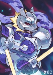 Rule 34 | 1boy, absurdres, armor, digimon, digimon (creature), energy sword, highres, lightsaber, male focus, mask, red eyes, solo, sword, ten legendary warriors, weapon, wolfmon
