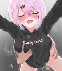 Rule 34 | 1girl, bent over, black hoodie, blush, breasts, closed eyes, commentary request, eyelashes, grabbing, grabbing from behind, gradient background, grey background, groin, groping, groping motion, hair ornament, hair ribbon, hairclip, heavy breathing, highres, hood, hoodie, large breasts, long hair, long sleeves, medium breasts, mg. (pixiv 21710750), motion blur, nijisanji, open mouth, pink hair, pink lips, print hoodie, pussy juice, red ribbon, ribbon, sex, sex from behind, shiina yuika, signature, smile, solo focus, steaming body, sweat, thigh grab, thighs, torso grab, virtual youtuber, white background