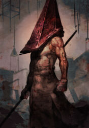 Rule 34 | 1boy, biceps, cowboy shot, holding, hungry clicker, male focus, muscular, muscular male, pectorals, pyramid head, shadow, silent hill (series), solo, standing