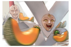 Rule 34 | 2boys, cantaloupe, colored sclera, commentary, food, fruit, grin, konjiki no gash!!, male focus, melon, mohawk, mohawk ace, multiple boys, no pupils, open mouth, otton, red hair, shoulder spikes, smile, spikes, twitter username, victoreem (konjiki no gash!!), yellow sclera