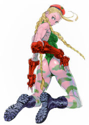 Rule 34 | 1990s (style), 1girl, ahoge, ass, beret, blonde hair, blue eyes, bodypaint, boots, braid, breasts, cammy white, camouflage, capcom, combat boots, fingerless gloves, from behind, full body, gauntlets, gloves, hat, highleg, highleg leotard, highres, huge ahoge, kneeling, leotard, looking back, muscular, nishimura kinu, official art, puckered lips, retro artstyle, scar, small breasts, solo, street fighter, street fighter ii (series), street fighter iv (series), thong leotard, toned, twin braids