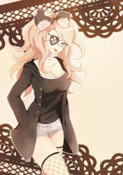 Rule 34 | 10s, 1girl, alternate costume, bad id, bad pixiv id, blue eyes, bow, breasts, cleavage, danganronpa: trigger happy havoc, danganronpa (series), enoshima junko, eyepatch, fishnet thighhighs, fishnets, hair bow, hands in pockets, large breasts, long hair, pink hair, shorts, solo, thighhighs, tongue, tongue out, twintails, youhei miya16