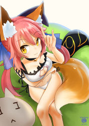 Rule 34 | 10s, 1girl, 2016, :3, absurdres, alternate costume, animal ears, bell, breast hold, breasts, cat cutout, cat ear panties, cat lingerie, choker, cleavage cutout, clothing cutout, crossed legs, dated, fate/extra, fate/grand order, fate (series), fox ears, fox tail, frills, from above, hair ornament, highres, jingle bell, large breasts, long hair, looking at viewer, meme attire, navel, neck bell, nekodayo22, panties, pink hair, side-tie panties, sitting, solo, stomach, stuffed animal, stuffed cat, stuffed toy, tail, tamamo (fate), tamamo no mae (fate/extra), twintails, underwear, underwear only, white panties, yellow eyes