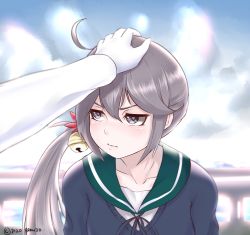 Rule 34 | 10s, 1girl, admiral (kancolle), ahoge, akebono (kancolle), artist name, bell, blush, cardigan, cloud, cloudy sky, collarbone, commentary request, disco brando, flower, gloves, hair bell, hair flower, hair ornament, hand on another&#039;s head, highres, kantai collection, long hair, looking away, outdoors, pov, pov hands, purple eyes, purple hair, school uniform, serafuku, side ponytail, sky, solo focus, wavy mouth, white gloves