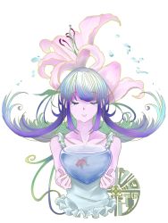 Rule 34 | 1girl, aqua hair, blue hair, collarbone, crying, eyelashes, closed eyes, fish, flower, gokuu (acoloredpencil), gradient hair, lily (flower), long hair, multicolored hair, original, simple background, smile, solo, tears, water, white background