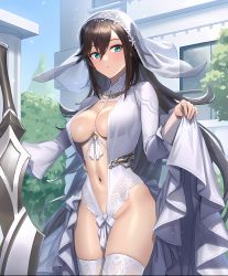 Rule 34 | 1girl, absurdres, astrid (evertale), blue eyes, blush, breasts, bridal veil, bride, brown hair, cuboon, evertale, full body, highres, large breasts, long hair, looking at viewer, navel, open clothes, sideboob, solo, thighhighs, thighs, veil, white thighhighs