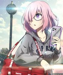 Rule 34 | 1girl, :o, alternate costume, bag, black-framed eyewear, blue sky, bright pupils, casual, cellphone, clock, collarbone, day, drawstring, duffel bag, fate/grand order, fate (series), glasses, grey jacket, hair over one eye, highres, holding, holding phone, hood, hood down, hooded jacket, iphone, iphone 11 pro, jacket, lens flare, long sleeves, looking away, looking to the side, mash kyrielight, open mouth, outdoors, parted lips, phone, pink hair, purple eyes, revision, short hair, sky, smartphone, solo, sunlight, supreme (brand), tanashi (mk2), upper body