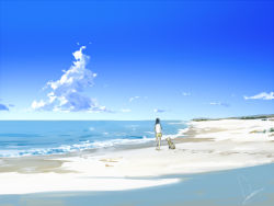Rule 34 | 1girl, bare arms, bare shoulders, barefoot, beach, black hair, blue sky, cloud, commentary request, day, dog, facing away, footprints, from behind, highres, horizon, long hair, loundraw, ocean, original, outdoors, sand, scenery, shirt, signature, sky, standing, white shirt
