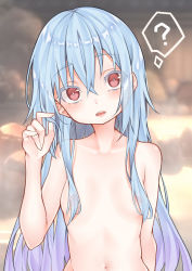 Rule 34 | 1other, ?, ai cao, blue hair, blurry, blurry background, breasts, collarbone, colored eyelashes, commentary request, completely nude, depth of field, gradient hair, hair between eyes, hand up, head tilt, highres, long hair, multicolored hair, nipples, nude, out-of-frame censoring, parted lips, purple hair, red eyes, rimuru tempest, small breasts, solo, spoken question mark, teeth, tensei shitara slime datta ken, upper teeth only, very long hair, water