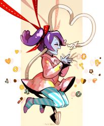 Rule 34 | blue skin, blush, closed eyes, colored skin, commentary, cookie, cosplay, dress, flats, food, full body, jumping, leviathan (skullgirls), long hair, looking at another, ng (kimjae737), pantyhose, pink dress, purple hair, skullgirls, solo, squigly (skullgirls), sticky bug (vocaloid), striped clothes, striped pantyhose, vocaloid