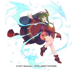 Rule 34 | 1girl, ankle boots, boots, brown cape, brown footwear, cape, dress, enkyo yuuichirou, fire emblem, fire emblem: mystery of the emblem, fire emblem heroes, green eyes, green hair, headpiece, hood, hood down, hooded cape, jumping, long hair, nintendo, official art, open mouth, outstretched arms, pink dress, pointy ears, ponytail, round teeth, sash, short dress, simple background, solo, spread arms, standing, standing on one leg, teeth, tiki (fire emblem), tiki (young) (fire emblem), watermark, white background