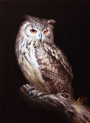 Rule 34 | acrylic paint (medium), animal, animal focus, bengal eagle-owl, bird, black background, highres, no humans, original, owl, painting (medium), realistic, signature, solo, tatsumasa, traditional media