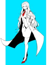 Rule 34 | 0o0onnk, 1girl, angela (project moon), blue background, collared shirt, full body, greyscale with colored background, high heels, highres, lab coat, lobotomy corporation, long hair, long sleeves, necktie, parted bangs, pencil skirt, project moon, red footwear, red necktie, shirt, shoes, sidelocks, skirt, solo, spot color, very long hair, vest