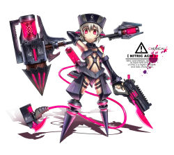 Rule 34 | 1girl, armor, armpits, axe, bare shoulders, breasts, cyborg, detached sleeves, dual wielding, english text, female focus, fingerless gloves, full body, gia, gloves, glowing, gun, gunblade, hammer, handgun, hat, holding, huge weapon, mecha musume, navel, neon trim, nitric acid (gia), original, personification, pink eyes, shadow, short hair, simple background, small breasts, solo, tail, underboob, weapon, white hair