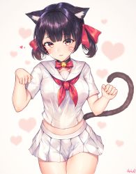 Rule 34 | 1girl, absurdres, animal ear fluff, animal ears, bad id, bad pixiv id, bell, black hair, breasts, cat ears, cat girl, cat tail, choker, clenched hands, commentary request, cowboy shot, facial mark, hair ribbon, heart, heart background, highres, looking at viewer, medium breasts, miniskirt, naingnaing, navel, neck bell, neckerchief, original, parted lips, paw pose, pleated skirt, red neckerchief, red ribbon, ribbon, sailor collar, school uniform, serafuku, shirt, short hair, short sleeves, skirt, solo, standing, stomach, tail, thighs, twintails, whisker markings, white sailor collar, white shirt, white skirt, yellow eyes