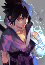 Rule 34 | 1boy, bandaged arm, bandages, black eyes, black hair, clenched hand, cowboy shot, from above, hair between eyes, heterochromia, high collar, hungry clicker, looking at viewer, male focus, naruto (series), open collar, purple rope, red eyes, rope, sharingan, shirt, short hair, solo, spiked hair, uchiha sasuke, white shirt