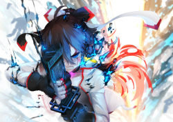 Rule 34 | 1girl, black gloves, black hair, blood, blood on face, blue eyes, blue fire, clenched teeth, collarbone, facial tattoo, fire, gloves, hair over one eye, hair ribbon, heart, heart tattoo, jacket, long sleeves, open clothes, open jacket, original, qian ye (qys3), qys3, ribbon, shirt, solo, sword, tattoo, teeth, tian ling qian ye, tian ye (qys3), weapon