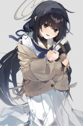 Rule 34 | 1girl, bags under eyes, black eyes, black hair, blue archive, book, brown cardigan, buttons, cardigan, hairband, halo, higa (gominami), highres, holding, holding book, long hair, long sleeves, neckerchief, open mouth, pleated skirt, purple hairband, purple neckerchief, sailor collar, simple background, skirt, solo, ui (blue archive), white background, white sailor collar, white skirt