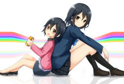 Rule 34 | 10s, 2girls, aged down, back-to-back, black hair, black socks, brown eyes, can, dual persona, holding, inaba himeko, kneehighs, kokoro connect, leaning back, leaning forward, long legs, looking at viewer, multiple girls, ok-ray, open mouth, plaid, plaid skirt, pleated skirt, school uniform, short hair, sitting, skirt, smile, socks, time paradox