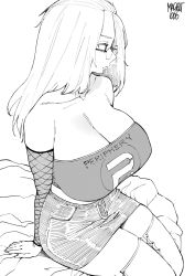 Rule 34 | 1girl, arm support, artist name, band shirt, bangs pinned back, bare shoulders, boots, breasts, cleavage, curvy, detached sleeves, elbow sleeve, fishnets, folded hair, from side, glasses, greyscale, hair pulled back, highres, huge breasts, inne sulistya robin, legs together, long hair, merchandise, miniskirt, monochrome, norman maggot, original, pencil skirt, periphery (band), simple background, sitting, skirt, solo, strapless, thigh boots, tube top, white background