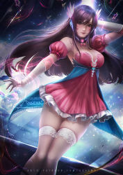 Rule 34 | 1girl, abstract background, animal print, arm behind head, artist name, axsen, bare shoulders, bow, bowtie, breasts, brown eyes, brown hair, cleavage, commentary, cowboy shot, d.va (overwatch), detached sleeves, dress, elbow gloves, energy, facial mark, frilled dress, frills, gloves, headphones, heart, highres, lace, lace-trimmed legwear, lace trim, legs together, light particles, light rays, light smile, long hair, looking at viewer, magic, magical girl, medium breasts, overwatch, overwatch 1, pink bow, pink dress, pink lips, puffy short sleeves, puffy sleeves, rabbit print, short sleeves, signature, skirt, solo, standing, star (symbol), sunbeam, sunlight, swept bangs, thighhighs, very long hair, whisker markings, white gloves, white thighhighs