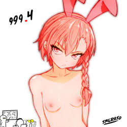 Rule 34 | 1girl, animal ears, arms behind back, blue archive, blush, braid, breasts, hair between eyes, head tilt, looking at viewer, medium hair, neru (blue archive), nipples, open mouth, orange hair, pink eyes, rabbit ears, red eyes, short hair with long locks, single braid, slit pupils, small breasts, solo, srgrafo, topless, upper body