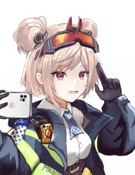 Rule 34 | 1girl, absurdres, arm up, ascot, black gloves, blue ascot, blue jacket, breasts, cellphone, commission, double bun, eyewear on head, girls&#039; frontline, gloves, hair bun, hair ornament, hairclip, hairpin, harness, highres, holding, holding phone, index finger raised, iphone, jacket, light smile, long sleeves, looking at viewer, medium breasts, medium hair, min-tami, open clothes, open jacket, open mouth, p90 (girls&#039; frontline), phone, pink hair, pixiv commission, police, police uniform, policewoman, red eyes, safety glasses, shirt, sig mcx (girls&#039; frontline), simple background, smartphone, solo, teeth, transparent background, uniform, upper body, upper teeth only, walkie-talkie, white shirt