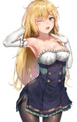 Rule 34 | 1girl, ;o, absurdres, arm behind head, arm up, armpits, atelier (series), atelier ryza, atelier ryza 1, bare shoulders, black dress, black pantyhose, blonde hair, blush, braid, breasts, bright pupils, buttons, cleavage, collarbone, commentary request, cowboy shot, double-breasted, dress, elbow gloves, gloves, green eyes, greyscale, hand up, highres, hip vent, kitk qun, klaudia valentz, long hair, medium breasts, messy hair, monochrome, one eye closed, open mouth, pantyhose, partially fingerless gloves, round teeth, side braid, simple background, solo, strapless, strapless dress, tears, teeth, thighband pantyhose, upper teeth only, very long hair, white background, yawning