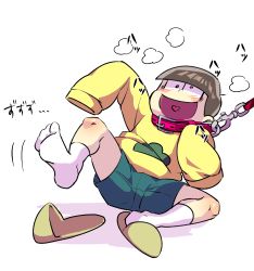 Rule 34 | 10s, 1boy, arms up, bad id, bad twitter id, blush, breath, brown hair, collar, commentary request, dragging, heart, heart in mouth, highres, hood, hoodie, leash, leash pull, male focus, matsuno jyushimatsu, osomatsu-kun, osomatsu-san, osomatsu (series), shakata (syakatan), shoes, shorts, simple background, single shoe, sleeves past wrists, slippers, socks, solo, unworn slippers, white background