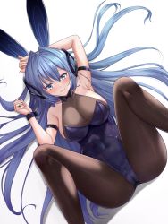 Rule 34 | 1girl, :3, animal ears, arm behind head, arm strap, armpits, ass, azur lane, bare shoulders, black pantyhose, blue eyes, blue hair, bodystocking, breasts, cleavage, fake animal ears, from above, headgear, highres, large breasts, leotard, long hair, lying, m legs, nail polish, new jersey (azur lane), new jersey (exhilarating steps!) (azur lane), official alternate costume, on back, pantyhose, playboy bunny, purple leotard, rabbit ears, see-through, see-through cleavage, shenqi (toid310), skin tight, solo, strapless, strapless leotard, taut clothes, very long hair, white background, white nails, wrist cuffs