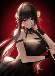 Rule 34 | 1girl, absurdres, bare shoulders, black hair, breasts, cleavage, dorook, highres, large breasts, long hair, looking at viewer, red background, red eyes, simple background, smile, solo, spy x family, yor briar