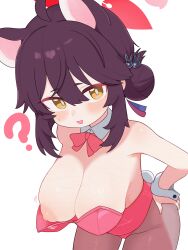 Rule 34 | 1girl, absurdres, animal ears, black hair, black pantyhose, blue archive, blush, bow, breasts, cleavage, cowboy shot, detached collar, extra ears, fake tail, hair between eyes, halo, highres, kaede (blue archive), large breasts, leotard, lk149, looking at viewer, nipples, open mouth, pantyhose, rabbit tail, red bow, red halo, red leotard, short hair, simple background, solo, strapless, strapless leotard, tail, white background, wrist cuffs, yellow eyes
