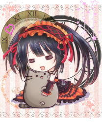 Rule 34 | 1girl, black hair, cat, chibi, commentary request, crossover, date a live, dated, detached sleeves, dress, closed eyes, hairband, happy, heart, lolita fashion, lolita hairband, long hair, open mouth, pusheen the cat, pusheen the cat (series), roman numeral, smile, tokisaki kurumi, twintails, uneven twintails, youda (seravichacha)
