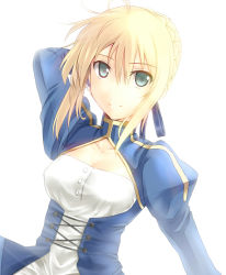 Rule 34 | 1girl, ahoge, artoria pendragon (fate), bad id, bad pixiv id, blonde hair, breasts, cleavage, dress, fate/stay night, fate/zero, fate (series), green eyes, long hair, looking at viewer, medium breasts, ponytail, roten (rotenburo), saber (fate), smile, solo