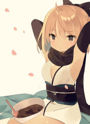 Rule 34 | 1girl, ahoge, armpits, arms up, bare shoulders, black bow, black scarf, blush, bow, breasts, brown eyes, chocolate, cleavage, cleavage cutout, closed mouth, clothing cutout, fate/grand order, fate (series), hair between eyes, hair bow, highres, japanese clothes, kimono, koha-ace, light brown hair, medium breasts, mimo lm, mixing bowl, obi, okita souji (fate), okita souji (koha-ace), petals, sash, scarf, signature, sleeveless, sleeveless kimono, solo, spatula, white kimono