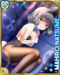 Rule 34 | 1girl, ahoge, animal ears, arms covering breasts, bare shoulders, blue bow, blush, bow, breasts, brown eyes, card (medium), couch, covered navel, cowboy shot, day, fake animal ears, fingernails, girlfriend (kari), grey hair, highleg, indoors, leotard, long fingernails, looking away, lying, natsume mahiro, official art, on side, open mouth, orange eyes, pantyhose, playboy bunny, qp:flapper, rabbit ears, shiny clothes, short hair, small breasts, wavy hair, wrist cuffs