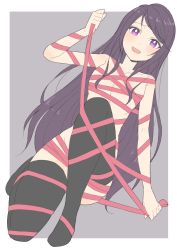 Rule 34 | 1girl, :d, absurdres, black thighhighs, blush, donguri suzume, dot nose, grey background, gundou mirei, highres, long hair, looking at viewer, lying, naked ribbon, nijisanji, on back, open mouth, purple eyes, purple hair, red ribbon, ribbon, shoes, simple background, smile, solo, swept bangs, thighhighs, virtual youtuber