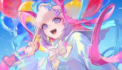 Rule 34 | 1girl, balloon, blonde hair, blue bow, blue eyes, blue hair, blue nails, blue shirt, blue sky, bow, chouzetsusaikawa tenshi-chan, glitch, hair bow, highres, holographic clothing, long hair, long sleeves, looking at viewer, multicolored hair, multicolored nails, nail polish, needy girl overdose, open mouth, pink bow, pink hair, pink nails, purple bow, quad tails, sailor collar, school uniform, serafuku, shirt, sky, smile, solo, standing, twintails, upper body, v, very long hair, yellow bow, youzi cha