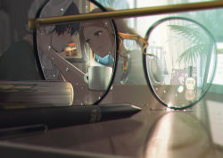 Rule 34 | 1boy, 1girl, absurdres, black eyes, black hair, blush, book, closed mouth, cup, glasses, highres, looking at another, macaronk, nail polish, original, pen, plant, reflection, water drop