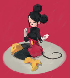 Rule 34 | 1girl, animal ears, black eyes, black pantyhose, boots, cheese, closed mouth, commentary, disney, english commentary, food, genderswap, genderswap (mtf), gloves, highres, long sleeves, mickey mouse, mouse ears, mouse tail, oversized food, oversized object, pantyhose, red background, simple background, sitting, smile, solo, suspenders, tail, white gloves, xaxaxa, yellow footwear