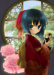 Rule 34 | 1girl, blue eyes, blue hair, doll, flower, japanese clothes, kimono, matching hair/eyes, obi, original, red kimono, sash, solo, tree, window, youkuzuri