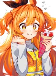Rule 34 | 1girl, absurdres, blush, closed mouth, crepe, food, hair between eyes, heart, highres, holding, holding food, jewelry, kawachi rin, long hair, long sleeves, mayano top gun (umamusume), necklace, orange eyes, orange hair, simple background, smile, solo, tongue, tongue out, two side up, umamusume, upper body, white background