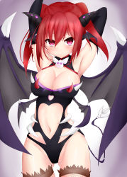 Rule 34 | 1girl, absurdres, armpits, arms behind head, arms up, asla yu, breasts, cleavage, cleavage cutout, closed mouth, clothing cutout, collarbone, cowboy shot, demon girl, demon tail, demon wings, elsword, fang, fishnet thighhighs, fishnets, gluteal fold, hair between eyes, head wings, heart cutout, highres, karis (elsword), large breasts, leotard, long hair, looking at viewer, multiple wings, navel, pointy ears, red hair, revealing clothes, solo, spiked wings, tail, thighhighs, twintails, wings