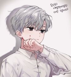 Rule 34 | 1boy, blood, blood on face, child, collared shirt, highres, ilay riegrow, kangjak, korean text, long sleeves, male focus, official art, passion (manhwa), shadow, shirt, short hair, simple background, solo, translation request, white background, white hair, white shirt